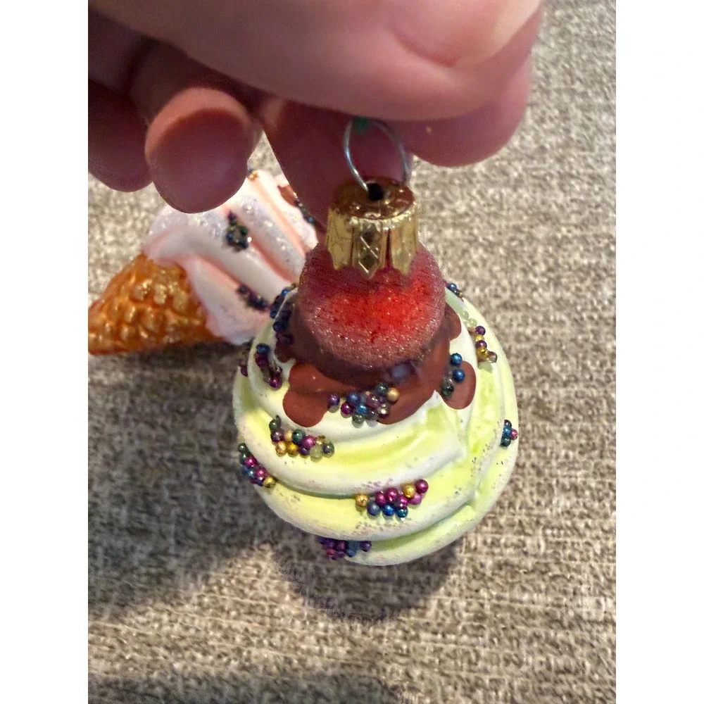 Glass Ice Cream Cone Christmas Ornaments Pink Green Glitter Sprinkles Set of 2